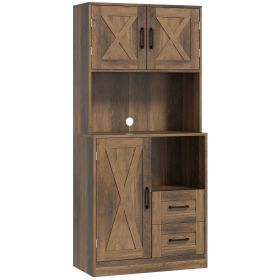 HOMCOM 71" Kitchen Pantry Storage Cabinet, Farmhouse Kitchen Hutch with Microwave Oven Countertop, Adjustable Shelves, Brown