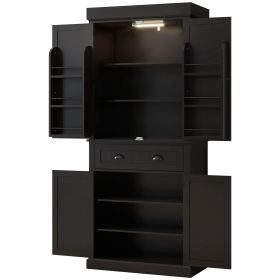 HOMCOM 71" Tall Pantry Cabinet, Kitchen Storage w/ LED Lights, Drower & Adjustable Shelves, Freestanding Pantry for Dining, Black