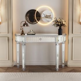 47 Half  Moon Mirrored Console Table With Fluted Glass  Crystal Knob Drawer  Silver Entryway Vanity Desk For BedroomDressing RoomGold Sliver (Option: GreySilver)