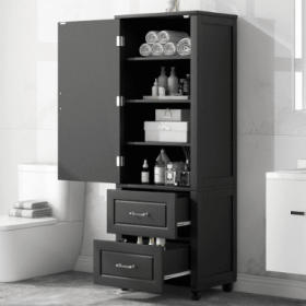 Tall Bathroom Storage Cabinet, Freestanding Storage Cabinet With Two Drawers And Adjustable Shelf, MDF Board With Painted Finish (Color: Black)