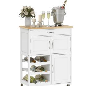Rolling Kitchen Cart, White, Island With Storage Drawer, 9-Bottle Wine Rack, Door Cabinets, Wooden Countertop (Option: Wooden countertop)